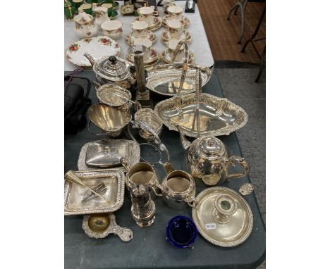 A COLLECTIION OF SILVER PLATE TO INCLUDE BUTTER DISH, TEAPOT, CANDLESTICK, SERVING PLATES, ETC.,