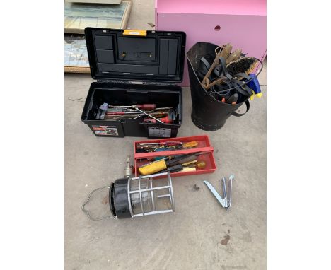 AN ASSORTMENT OF TOOLS TO INCLUDE SCREW DRIVERS AND PLIERS