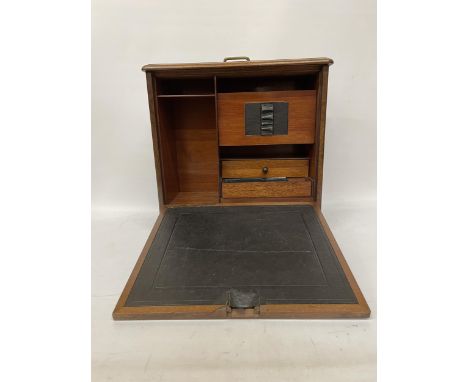 A WALNUT WRITING SLOPE WITH INNER DRAWER, PEN TRAY, INKWELL, LETTER RACK AND BOTTOM DRAWER - 41.5 CM (W), 42 CM (H)