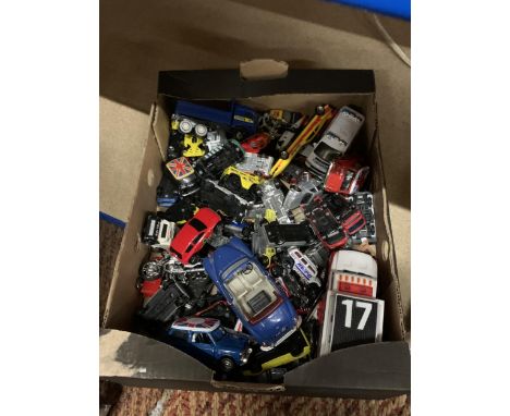 A LARGE BOX OF TOY VEHICLES TO INCLUDE MATCHBOX, MATTEL ETC.