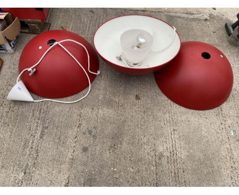 THREE LARGE RED METAL INDUSTRIAL STYLE LIGHT FITTINGS