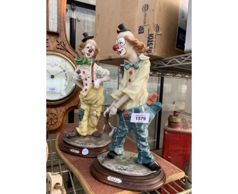 TWO VINTAGE ITALIAN HAND PAINTED CERAMIC CLOWN FIGURES ON WOODEN BASES SIGNED A BELCARI