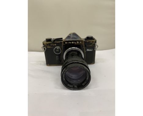 A VINTAGE SINGLEX RICOH CAMERA AND TAMRON LENSE