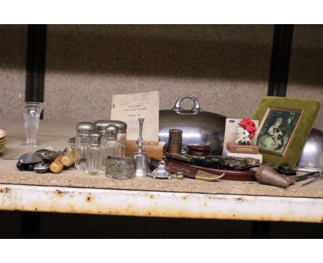 A LARGE COLLECTION OF COLLECTABLES TO INCLUDE VANITY POTS, SOLDIER'S RELEASE BOOK, FLATWARE, VINTAGE PIPE, ETC.,