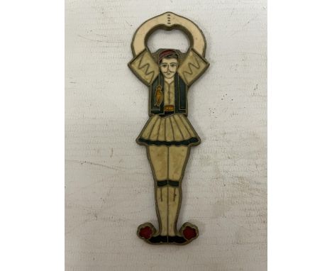 A VINTAGE GREEK BRONZE AND ENAMEL BOTTLE OPENER