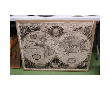 A LARGE CANVAS PRINT OF THE WORLD, 92CM X 72CM