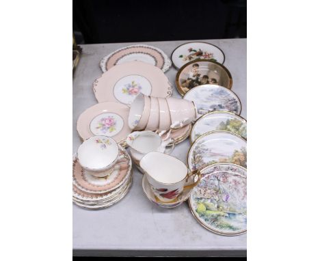 A QUANTITY OF VINTAGE TEA CUPS, SAUCERS AND PLATES PLUS SIX SMALL CABINET PLATES