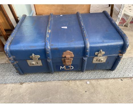 A BLUE PAINTED TRAVELLING TRUNK