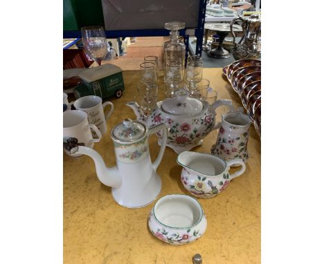 A GLASS DECANTER, WINE GLASSES AND TUMBLERS PLUS VINTAGE JAMES KENT, OLD FOLEY TEAPOT, JUGS AND SUGAR BOWL AND A NORITAKE COF