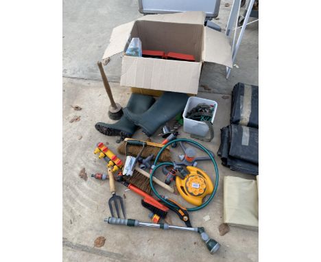 AN ASSORTMENT OF TOOLS TO INCLUDE HOSE FITTINGS AND WELLIES ETC