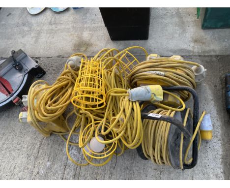 A QUANTITY OF 110V FESTOON LIGHTING, EXTENSION LEADS AND TRANSFORMERS ETC