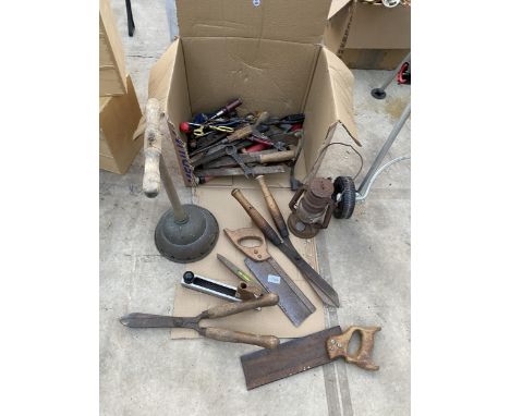 A LARGE ASSORTMENT OF TOOLS TO INCLUDE SPANNERS, SHEARS AND A POSSER ETC