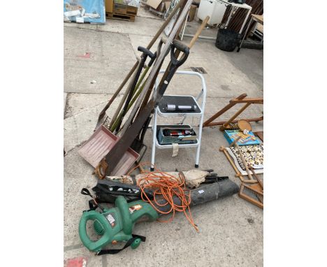 AN ASSORTMENT OF TOOLS TO INCLUDE A NON SLIP STEP LADDER, FORKS AND A LEAF VAC ETC