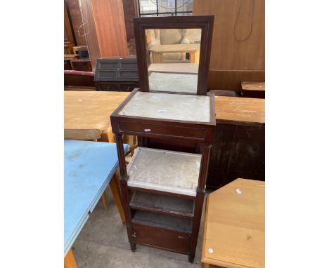 A 19TH CENTURY MAHOGANY GENTLEMANS DRESSING STAND WITH RISING MIRROR, MARBLE TOP AND SHELF, AND TWO FURTHER SHELVES WITH CUPB