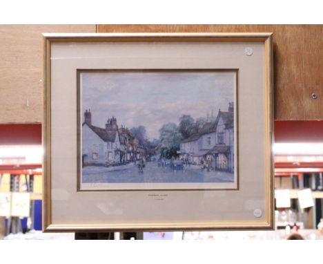 A FRAMED AND MOUNTED PRINT OF PRESTBURY VILLAGE - SIGNED