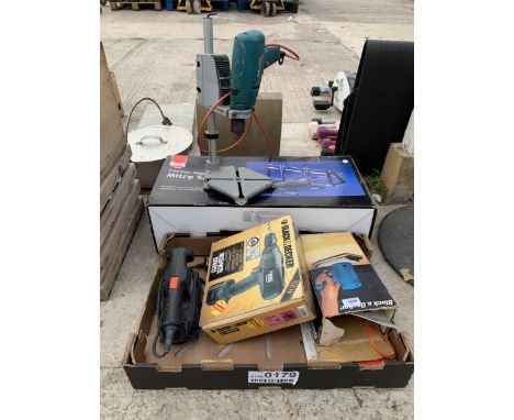 AN ASSORTMENT OF TOOLS TO INCLUDE A MITRE SAW, A BLACK AND DECK DRILL WITH DRILL STAND AND A BLACK AND DECKER SANDER ETC