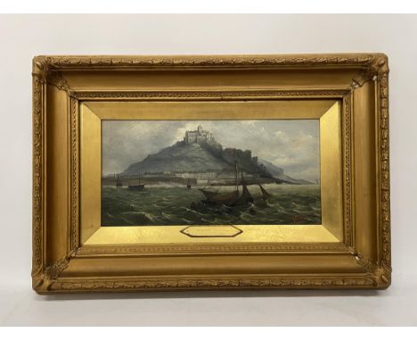 AN OIL ON BOARD OF ST MICHAEL'S MOUNT SIGNED R H EARWICKER 1894 IN AN ORNATE GILT FRAME