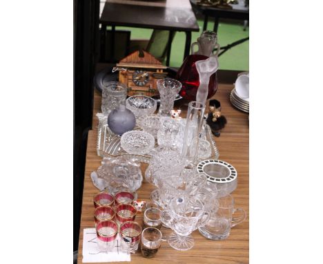 A LARGE QUANTITY OF GLASSWARE TO INCLUDE FIGURES, DRESSING TABLE TRAY, TRINKETS, ETC., TOGETHER WITH A CUCKOO CLOCK (A.F) POR