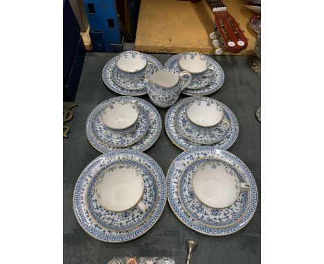 A ROYAL CROWN DERBY OSBORNE REG. NO. 33641 BLUE AND WHITE TEASET TO INCLUDE SIX TEACUPS, SAUCERS CAKE/SIDE PLATES AND A MILK/
