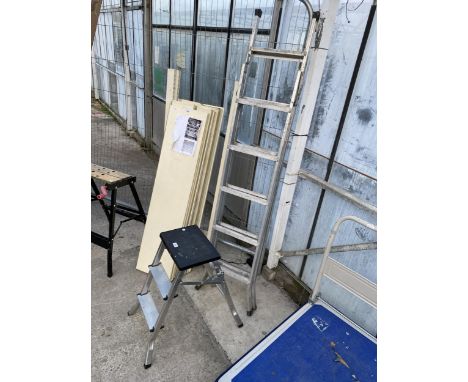 A MULTIFUNCTIONAL FOLDING ALUMINIUM LADDER AND A SMALL TWO RUNG KITCHEN STEP STOOL