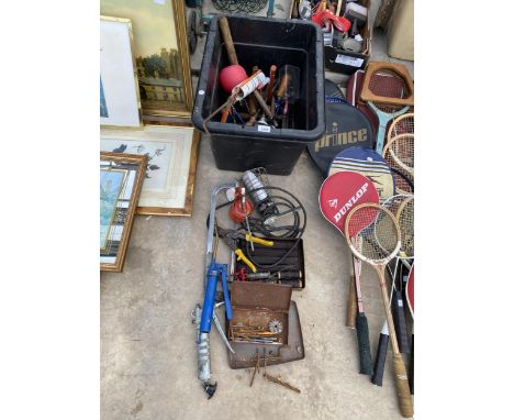 AN ASSORTMENT OF TOOLS TO INCLUDE A PUMP ACTION OIL CAN, A HACK SAW AND HAMMERS ETC