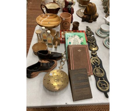 A MIXED LOT OF ITEMS TO INCLUDE VINTAGE BRASSES, TERRACOTTA UTENSILS JAR, BOOKS, TREEN, ETC.,