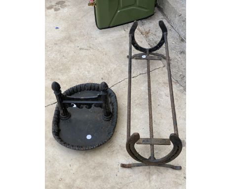 A VINTAGE CAST IRON BOOT SCRAPER AND A SHOE RACK WITH HORSE SHOE ENDS