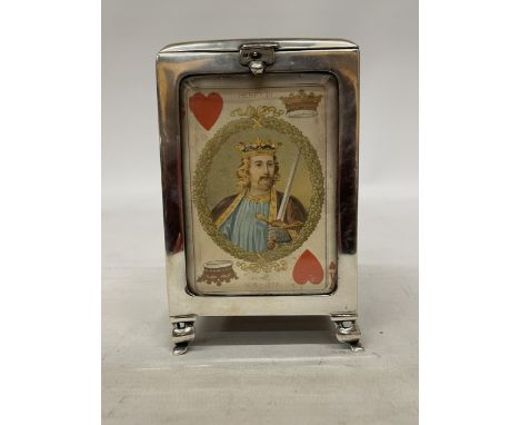 AN EDWARDIAN SILVER MOUNTED AND GLAZED PLAYING CARD BOX, HALLMARKED BIRMINGHAM 1901, MAKER LEVI AND SALAMAN, HEIGHT 12.5CM