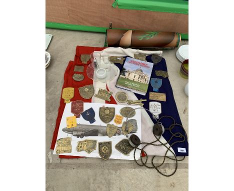 AN ASSORTMENT OF VARIOUS BRASS PLAQUES, TO INCLUDE A SET OF VINTAGE HEADPHONES AND A FLAG