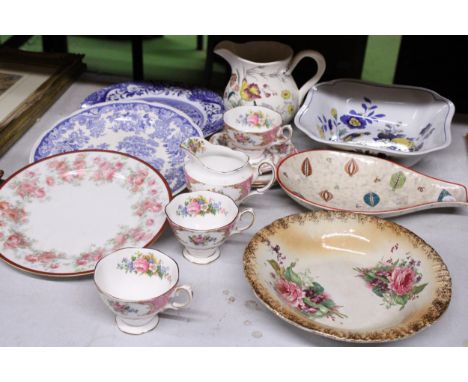 A QUANTITY OF CERAMICS AND TEAWARE TO INCLUDE ROYAL ALBERT 'LADY CARLYLE' CUPS, SAUCERS AND A CREAM JUG, PLUS PLATES AND BOWL