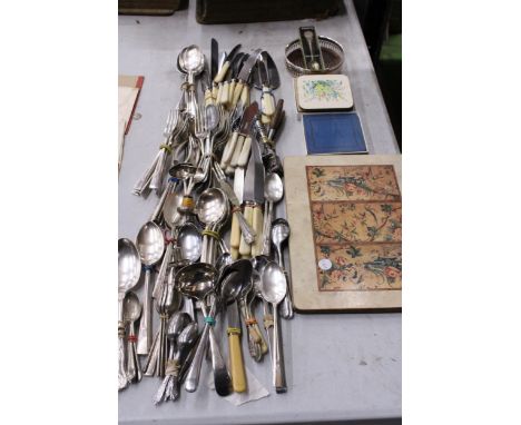 A LARGE QUANTITY OF VINTAGE FLATWARE, PLUS PLACEMATS