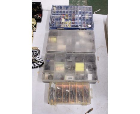 FOUR BOXES OF VINTAGE CAPACITORS, RESISTORS, ETC