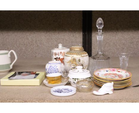 A MIXED LOT TO INCLUDE A MASON'S GOLDEN AZALEA STORAGE CADDY, CRYSTAL DECANTER, JAPANESE SATSUMA GINGER JAR, DIAMOND JUBILEE 