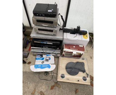 A LARGE ASSORTMENT OF ITEMS TO INCLUDE TECHNICS CASSETTE DECKS, DVD PLAYERS AND A ZENNOX RECORD PLAYER ETC