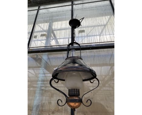A VINTAGE COPPER AND STEEL OIL LANTERN CONVERTED TO ELECTRIC CEILING LIGHT