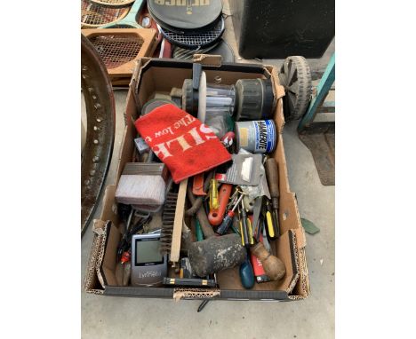 AN ASSORTMENT OF TOOLS TO INCLUDE SCREW DRIVERS, A LIGHT AND WIRE BRUSH ETC
