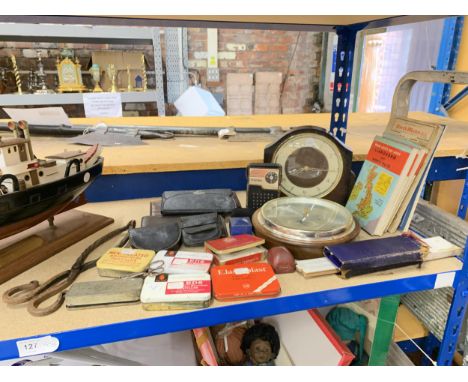 A SMITHS MANTEL CLOCK, PERDIO TWO BAND RADIO, LEATHER WALLETS/COIN PURSES, VINTAGE TINS, MAP GUIDE BOOKS ETC.