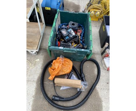 A LARGE ASSORTMENT OF TOOLS TO INCLUDE SCREWDRIVERS, BATTERIES AND SPANNERS ETC