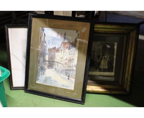 A SIGNED ALFRED DURHAM WATERCOLOUR OF A VINTAGE STREET SCENE PLUS TWO PRINTS