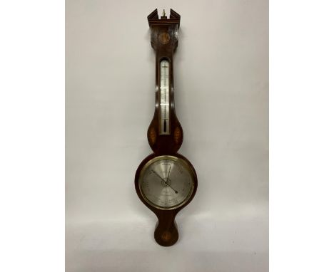 AN EARLY 20TH CENTURY INLAID BAROMETER WITH THERMOMETER, HEIGHT 96CM