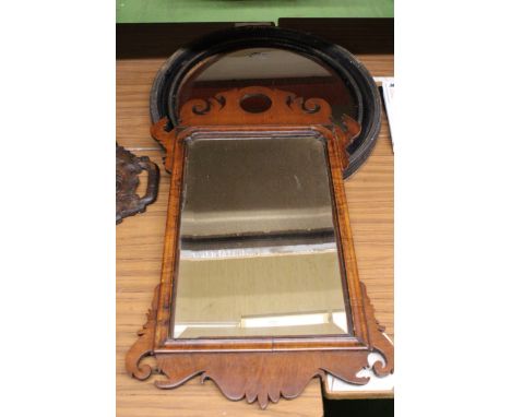 A FRENCH EMPIRE STYLE ANTIQUE MIRROR TOGETHER WITH  A FURTHER VINTAGE OVAL MIRROR