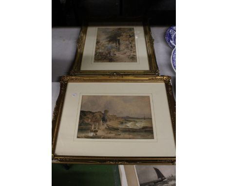 TWO GILT FRAMED PRINTS OF VINTAGE SCENES, A HARBOUR AND A FARMER WITH SHEEP