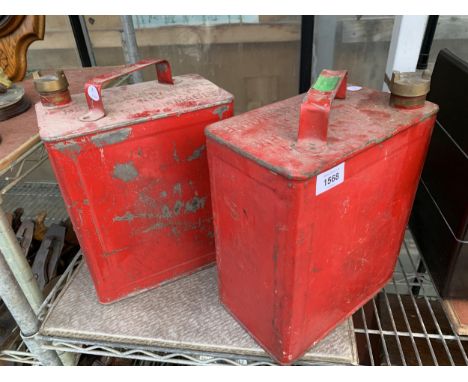 TWO VINTAGE METAL FUEL CANS WITH BRASS CAPS