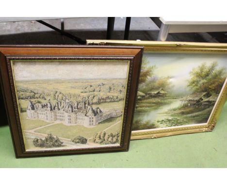 AN OIL ON CANVAS OF AN ASIAN RIVER SCENE PLUS A TAPESTRY OF A STATELY HOME