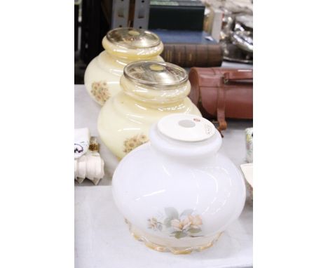 THREE VINTAGE MILK/OPAQUE FLORAL GLASS LAMP SHADES