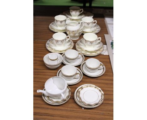 A SALISBURY TEASET TO INCLUDE A CAKE PLATE, CREAM JUG, SUGAR BOWL, CUOS, SAUCERS AND SIDE PLATES, PLUS H &amp; K TUNSTALL CUP