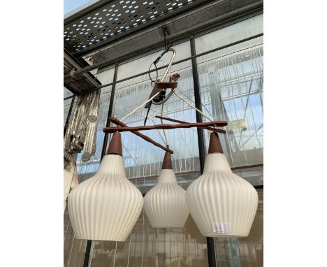 A RETRO TEAK AND GLASS THREE SECTION LIGHT FITTING