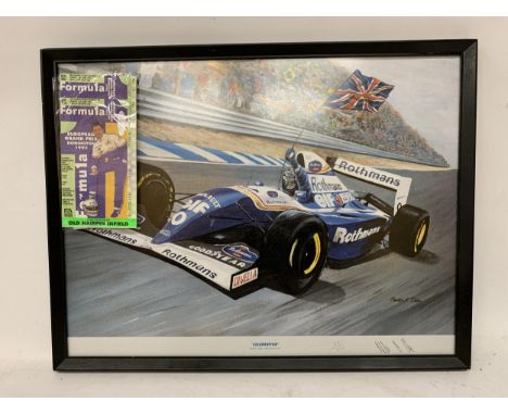 A FRAMED DAMON HILL POSTER PLUS A RACE DAY TICKET