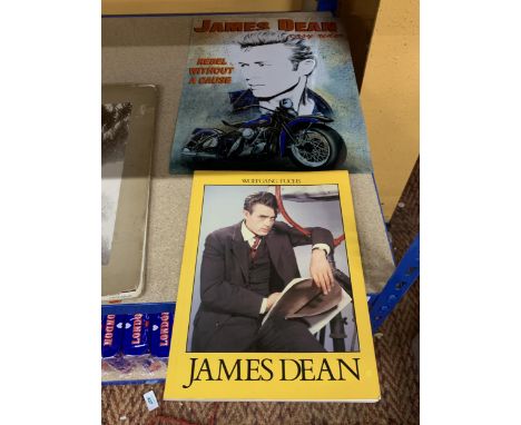 A JAMES DEAN METAL WALL SIGN AND BOOK