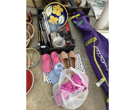 AN ASSORTMENT OF ITEMS TO INCLUDE CERAMICS, SILVER PLATE ITEMS AND A CAMERA TRIPOD ETC